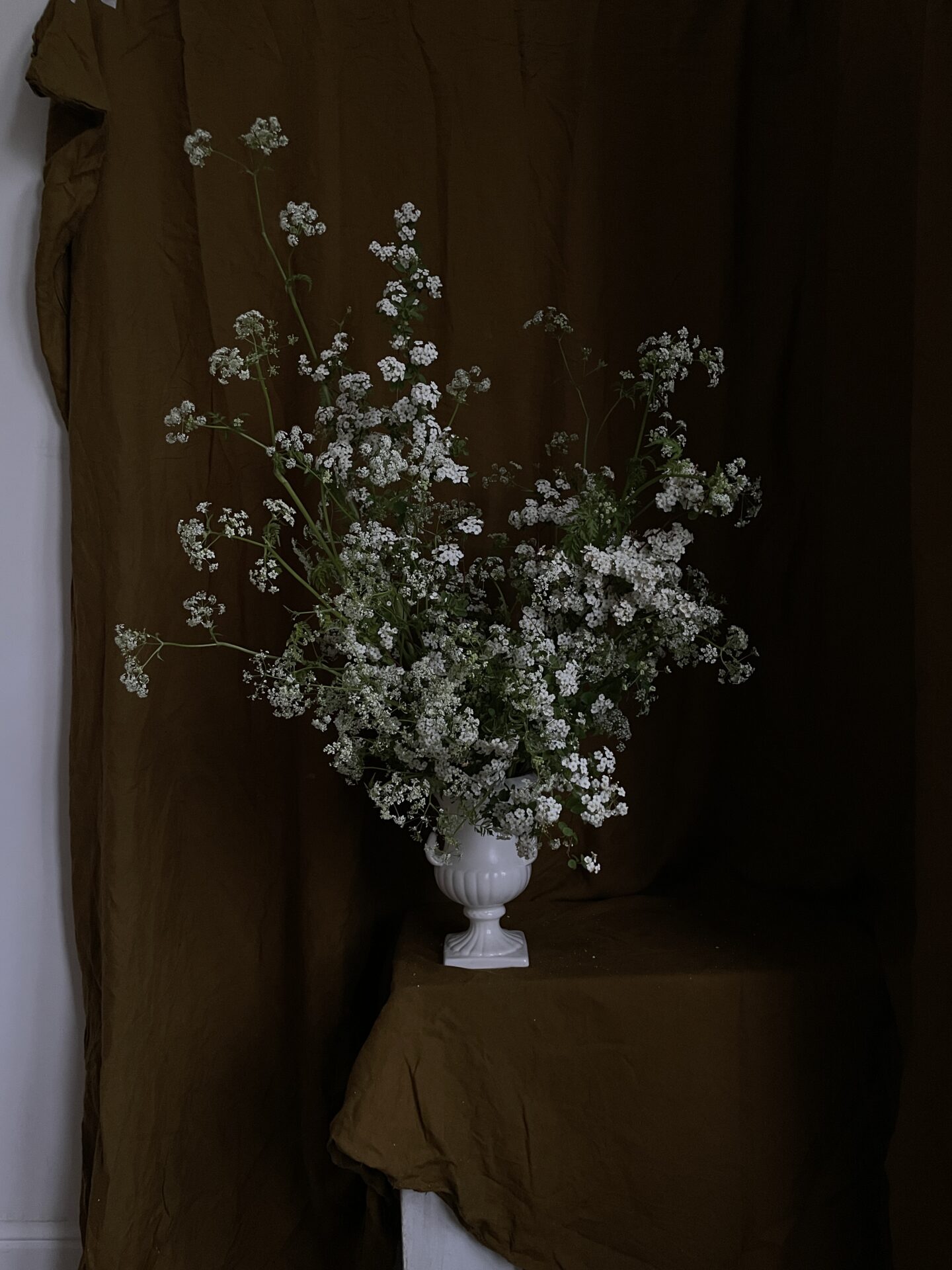 Perfect for a church or candelit setting, a dreamy mid-spring urn of wild cow parsley and spirea.   By Mora, a sustainable, season-led event florist based in Hackney, East London.